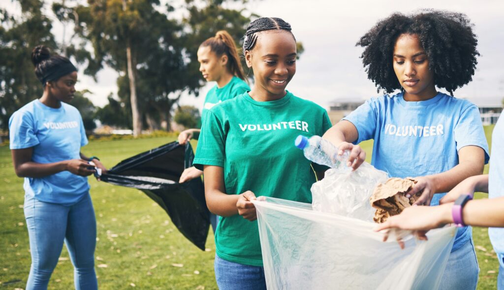 Students, recycle and community project with young people cleaning plastic and trash. DOAS Token